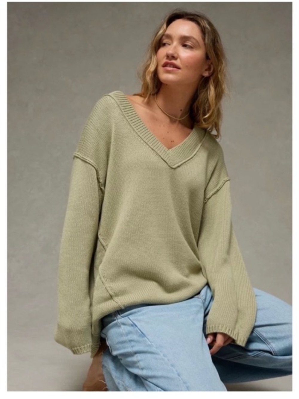 American Eagle Big Hug Chunky Knit V-Neck Pullover Oversized Sweater Green XL